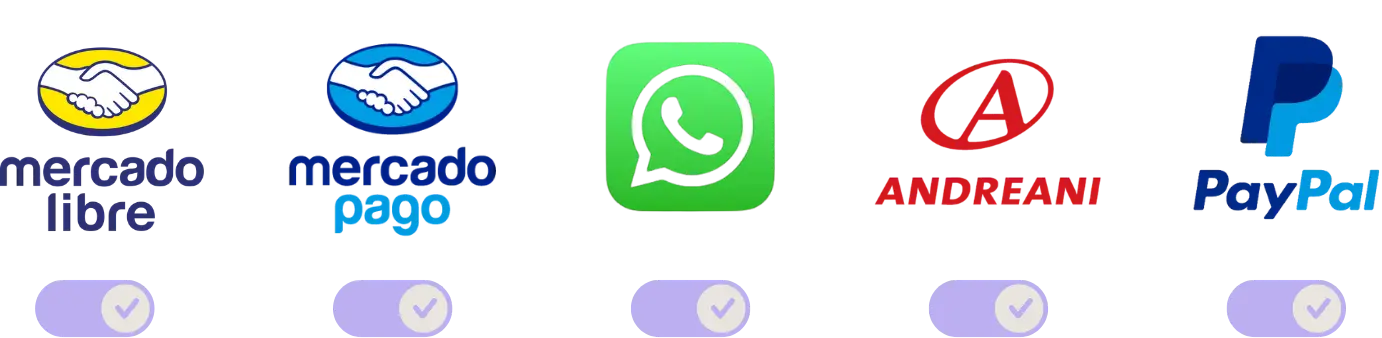 MERCADO LIBRE, MERCADO PAGO, ANDREANI, WHATSAPP, PAYPAL