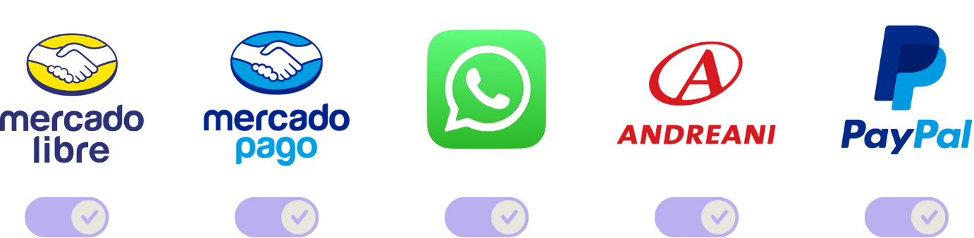 MERCADO LIBRE, MERCADO PAGO, ANDREANI, WHATSAPP, PAYPAL